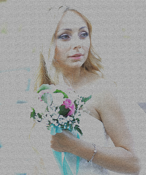 Фотография невесты стилизованная под живопись на ткани.